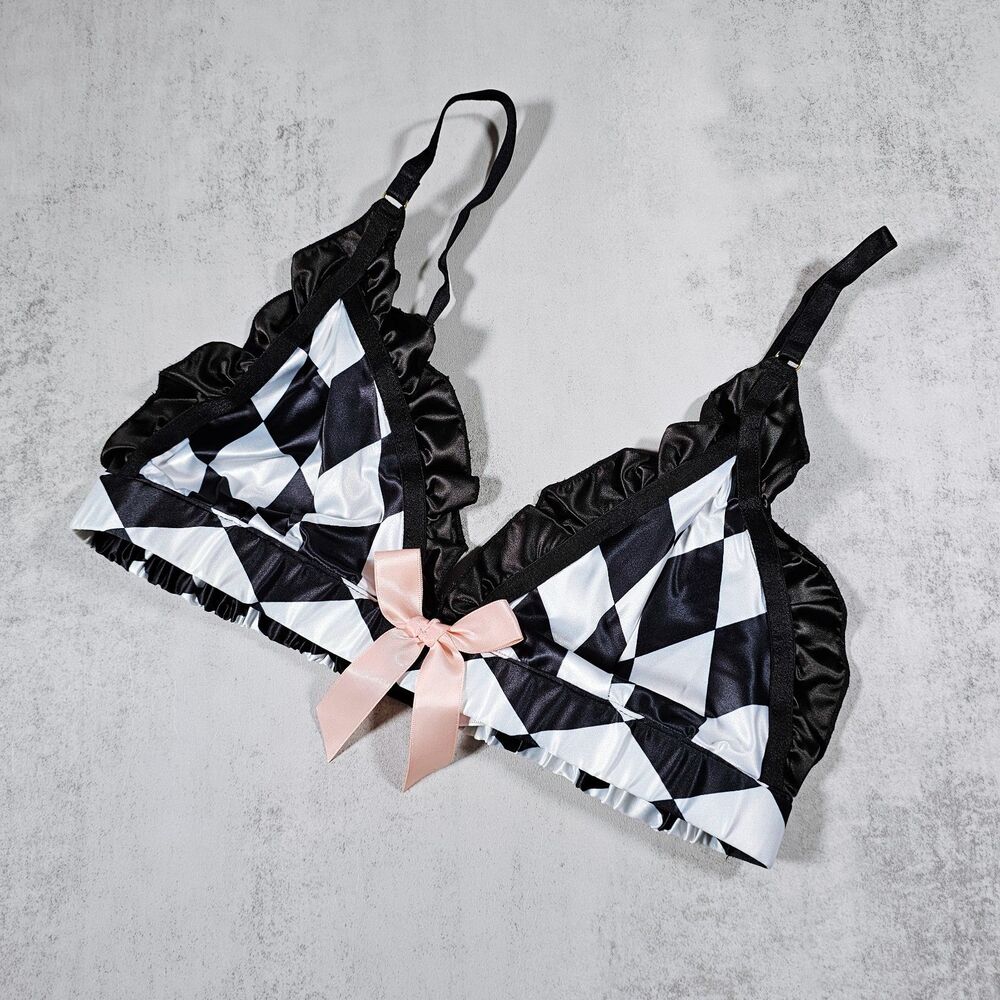 Bettie Page Lingerie Harlequin Frill Satin Wire Free Triangle Bra Size 6